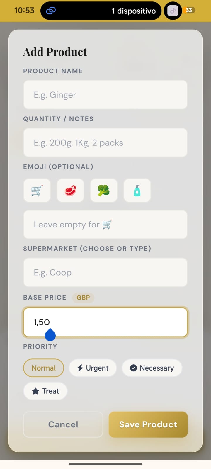 Modale add product di AsilFamily con prezzo, emoji, negozio e priorita