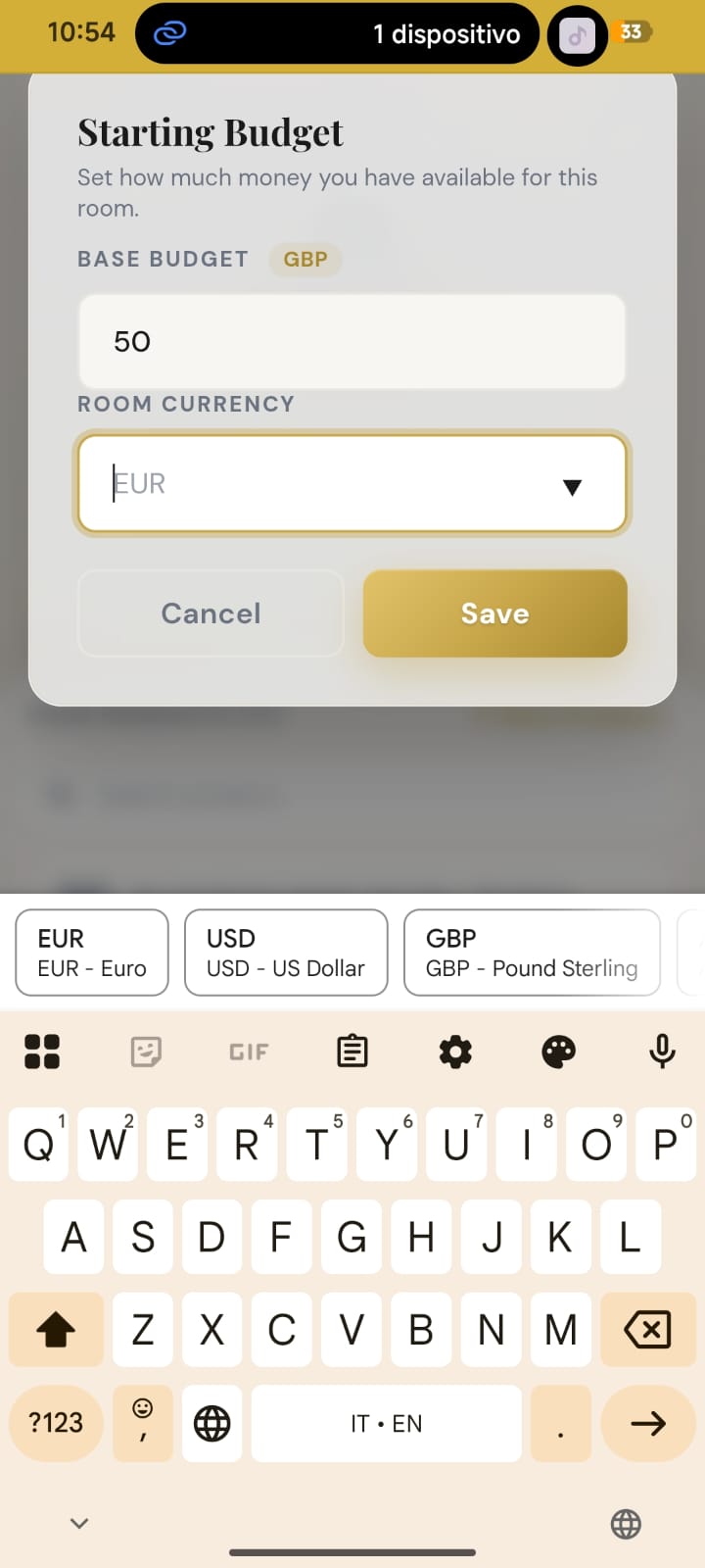 Modale budget e valuta stanza di AsilFamily