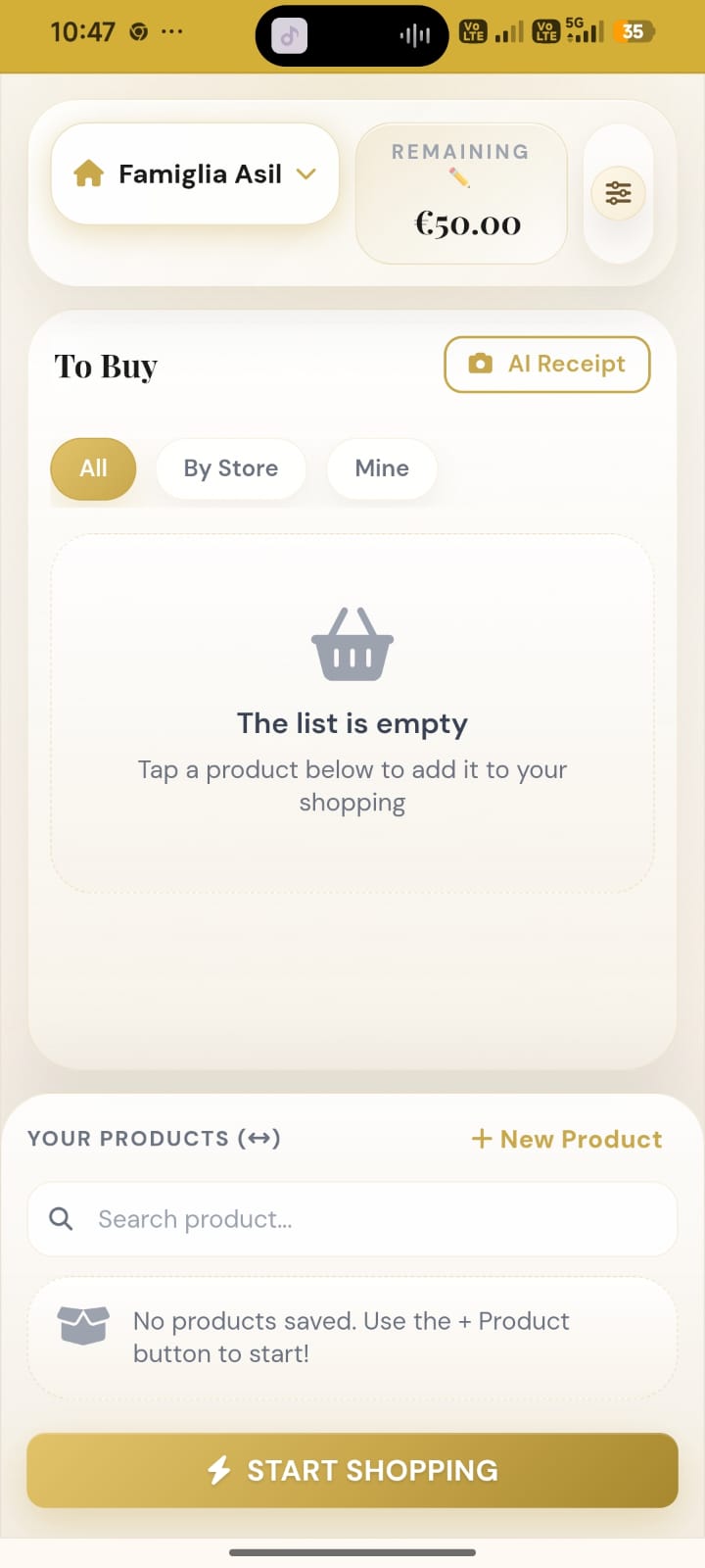 Dashboard vuota di AsilFamily con CTA Start Shopping