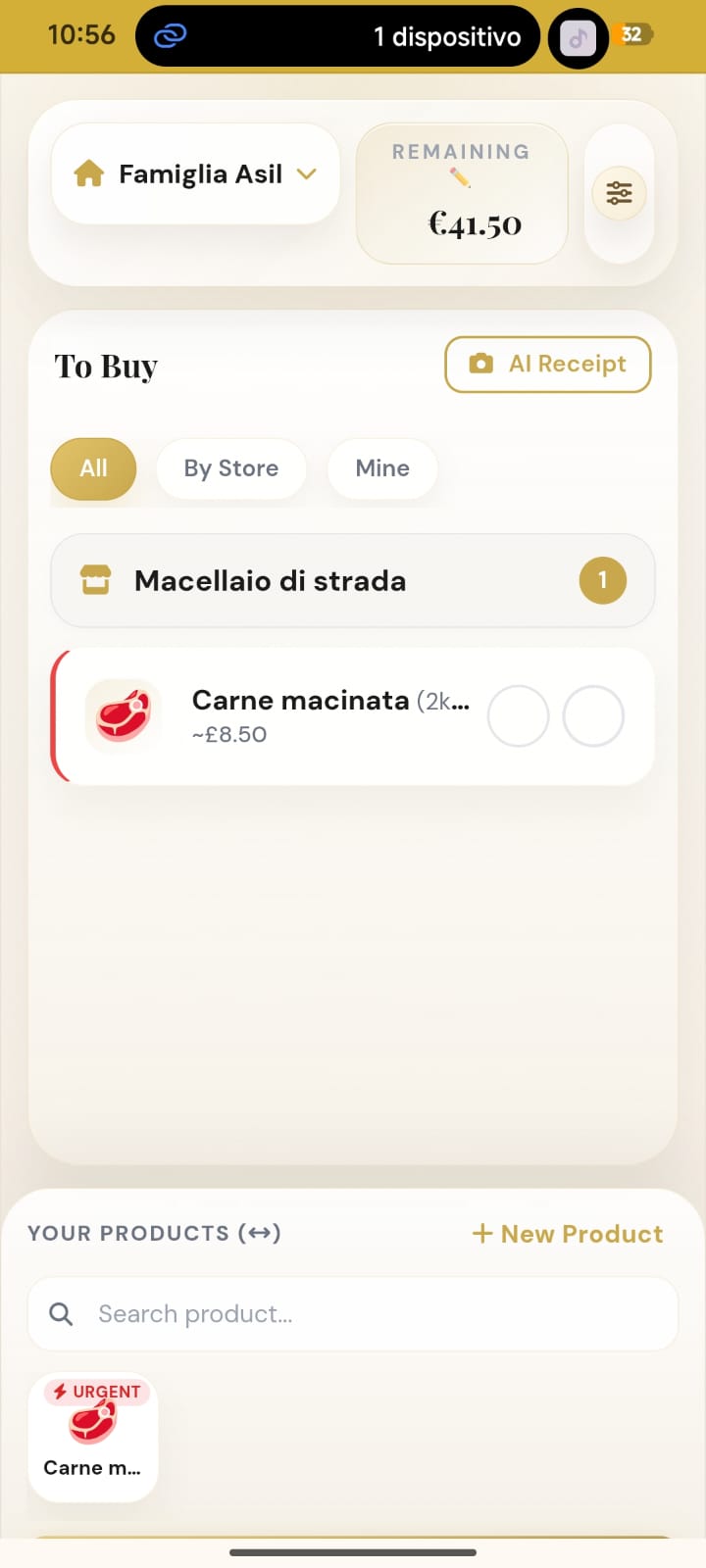 AsilFamily dashboard con prodotto urgente nella lista da comprare