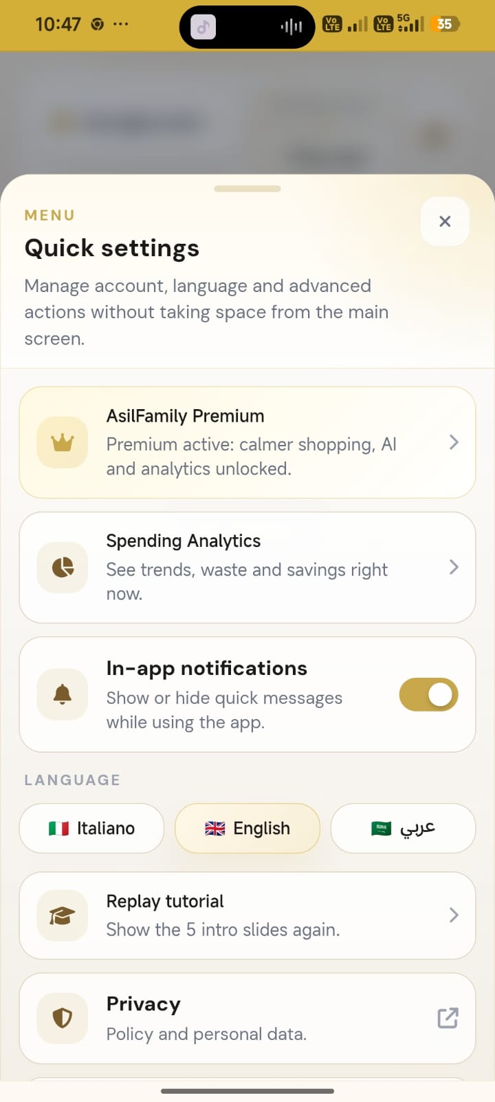 Quick settings di AsilFamily con Premium, analytics e lingue
