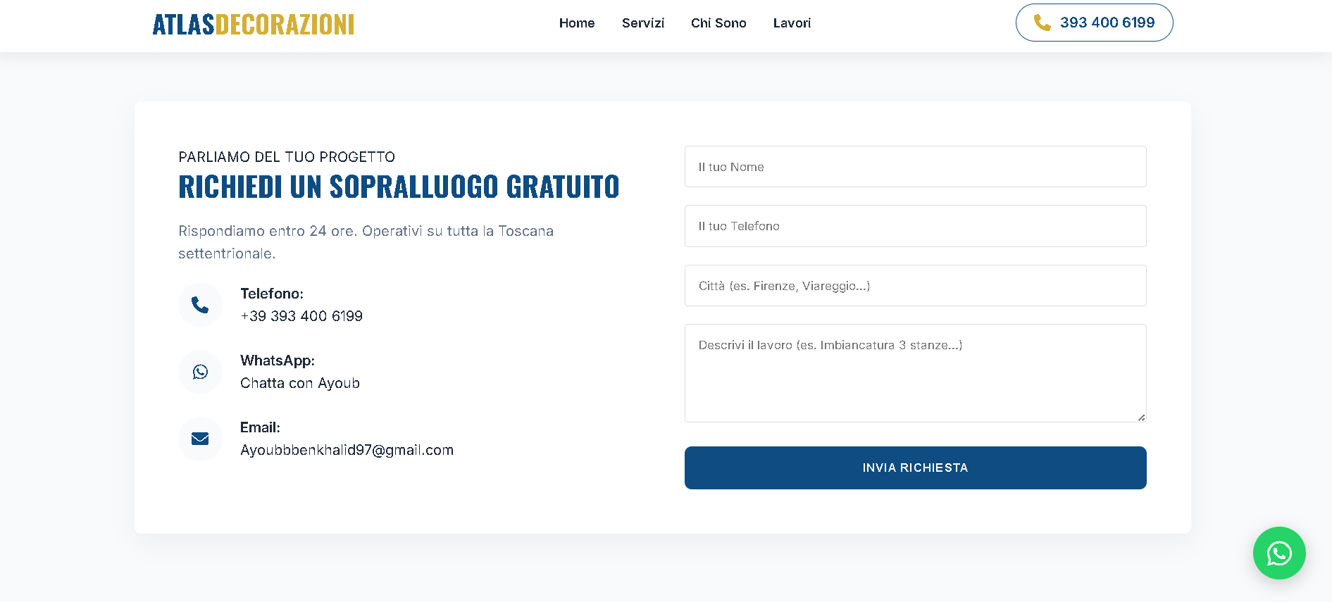 Sezione contatti del sito Atlas Decorazioni con form e recapiti