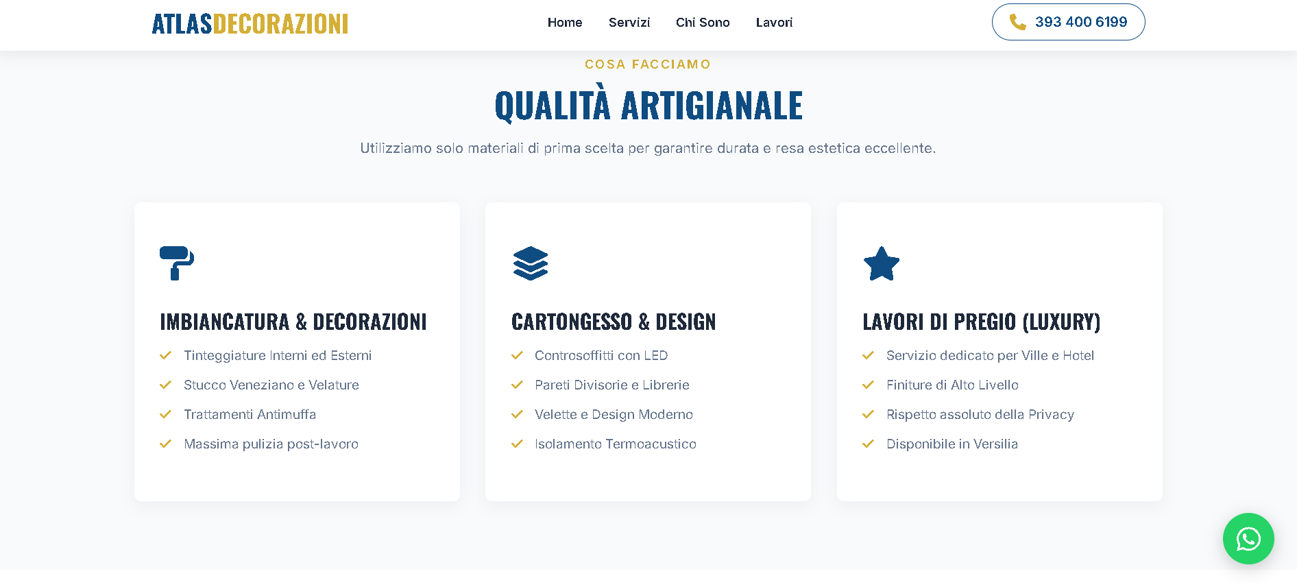 Sezione servizi del sito Atlas Decorazioni con tre blocchi principali