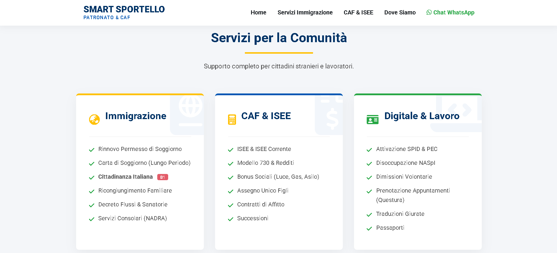 Sezione servizi del sito Smart Sportello con i tre blocchi principali
